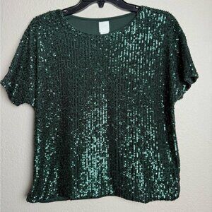 H&M Women Size XS Green Sparkle Sequin Short Sleeve Shirts